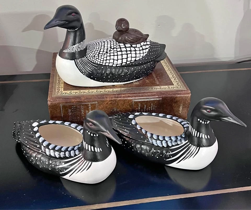 Antique Vintage Loon Figurines 3pc Hand Painted Ceramic Duck Hom