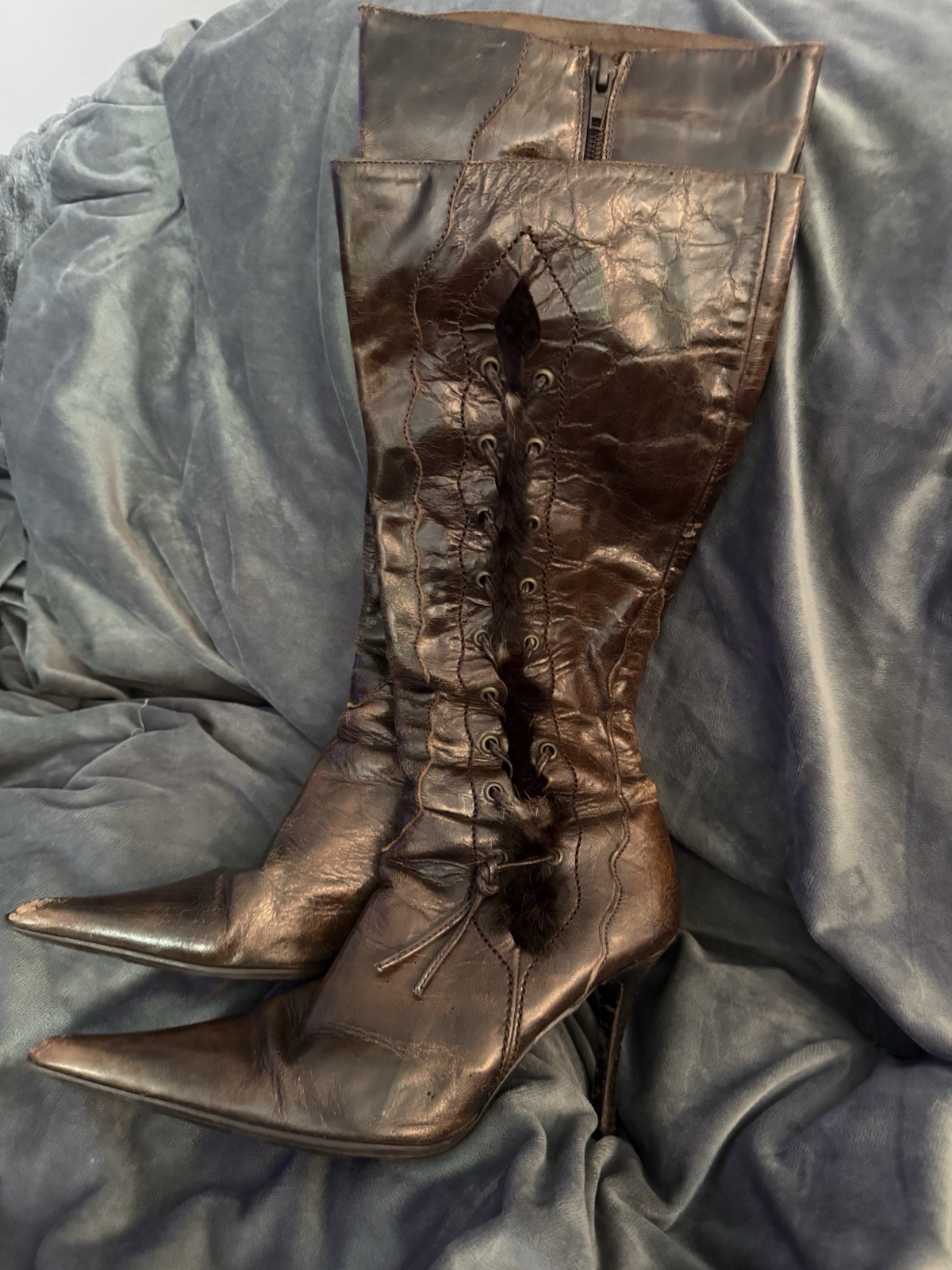 Steve Madden Y2K Leather Rabbit Fur Knee Boots 6.5