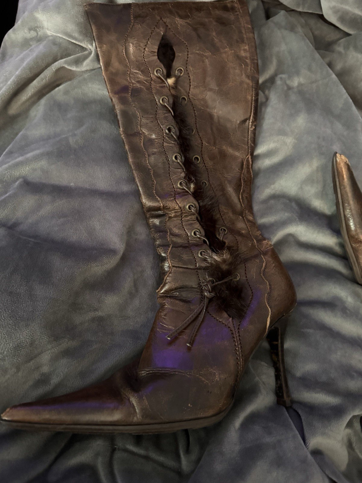 Steve Madden Y2K Leather Rabbit Fur Knee Boots 6.5 - photo 2