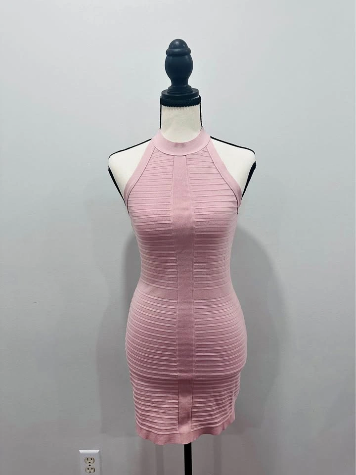 GUESS Sleeveless Blush Pink Ribbed Bodycon Bandage Dress Halter