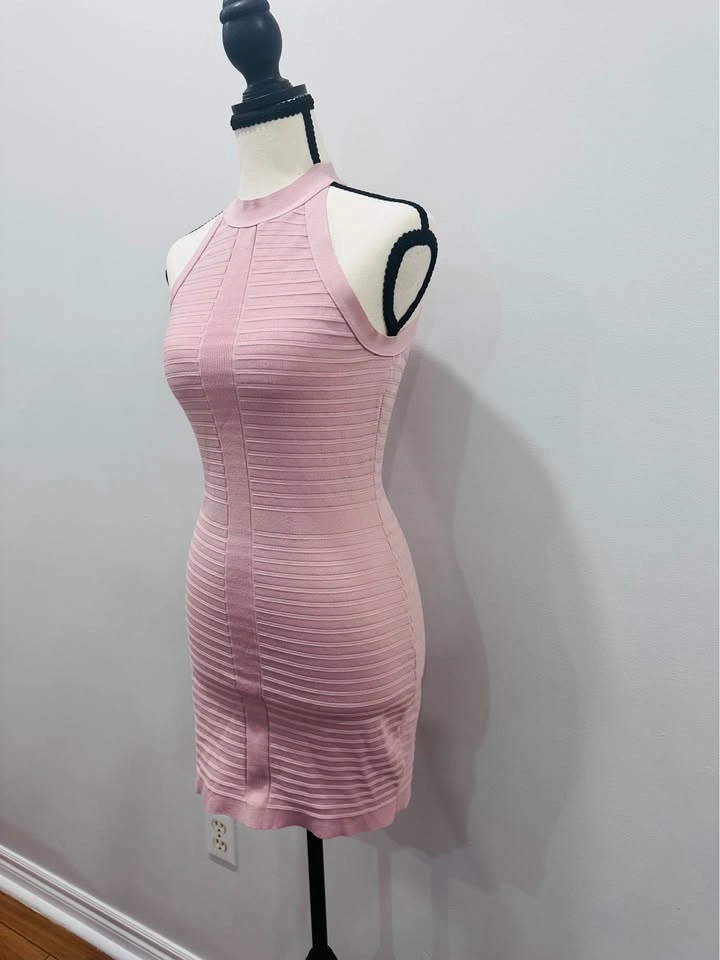 GUESS Sleeveless Blush Pink Ribbed Bodycon Bandage Dress Halter - photo 2