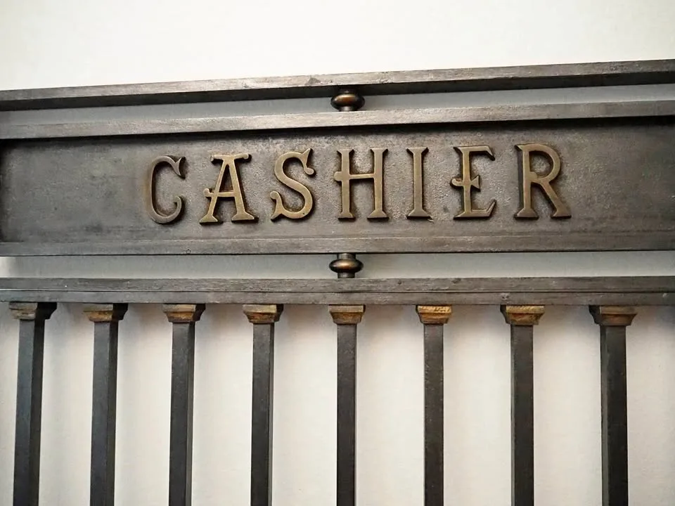 Antique Cashier’s Grille with Brass Lettering thumbnail
