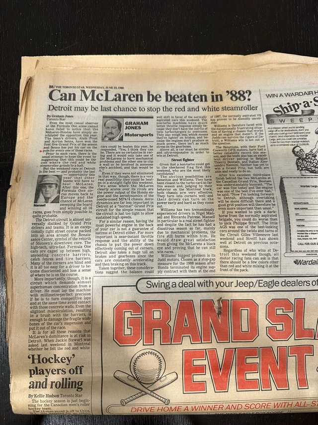 1988 Toronto Star Newspaper With F1 History McLaren MP4-4