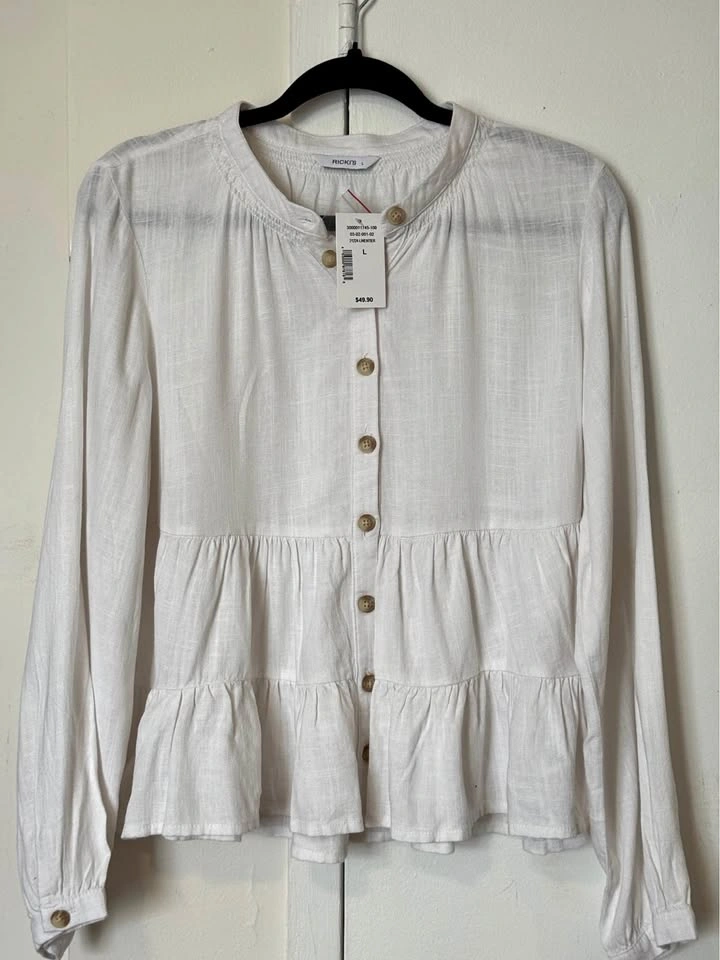 New - Ricki's White Linen Tiered Flowy Blouse - Size L