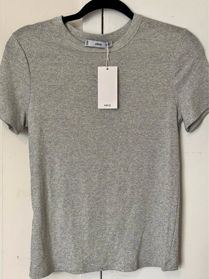 New With Tags Mango Silver Grey Metallic Thread T Shirt Top - Si