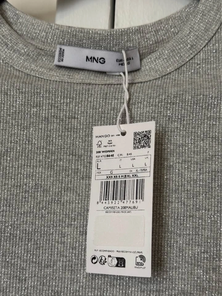 New With Tags Mango Silver Grey Metallic Thread T Shirt Top - Si - photo 2
