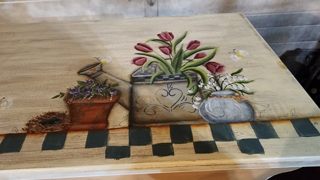 Small Wood Table Rectangle Flower Pot Art Work Painting - photo 4
