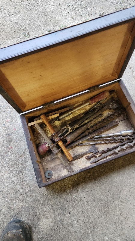 Vintage tools in wood box