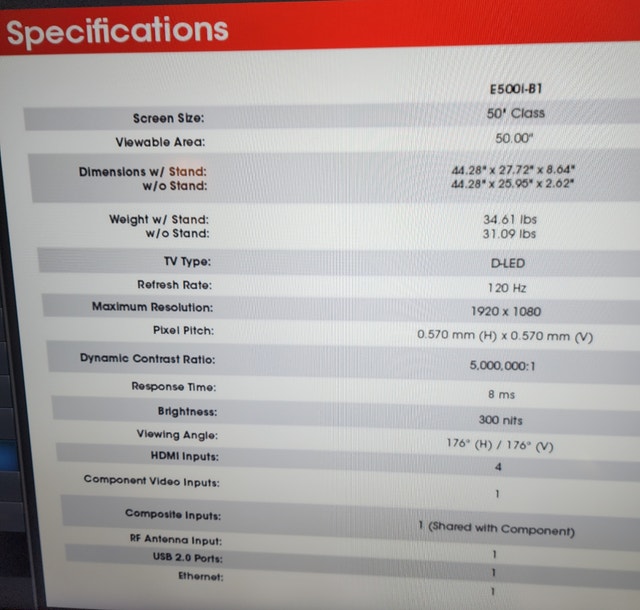 VIZIO 50" D-LED TV 120Hz 2K E500I-B1 (No Stand) - photo 5