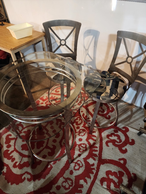 3 Piece Dining Set - Stainless Steel & Glass