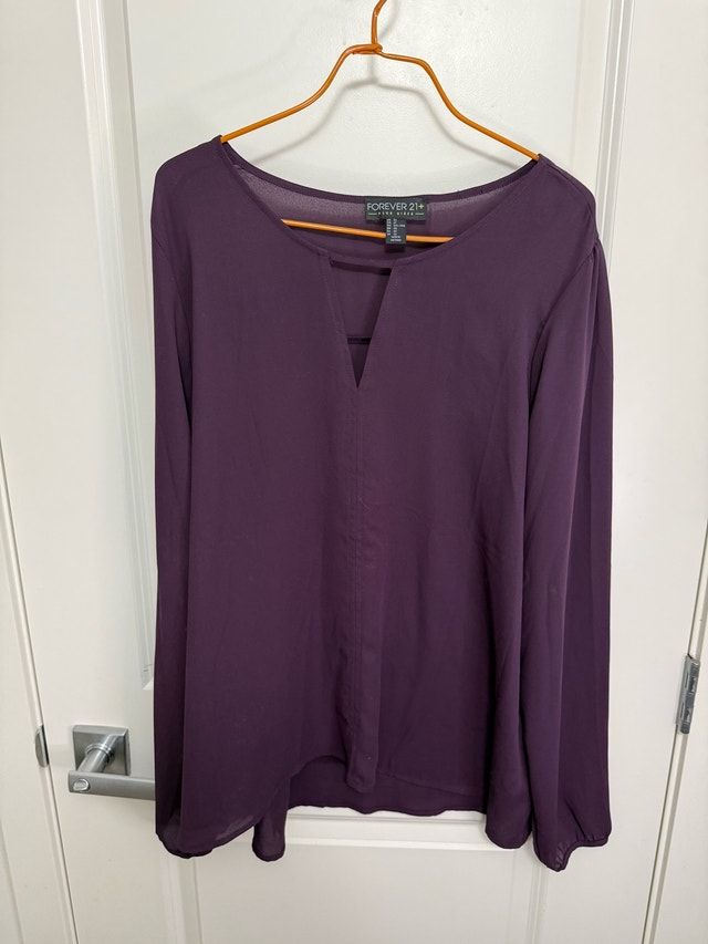 Forever 21 Deep Plum V-Neck Long Sleeve Blouse 2X