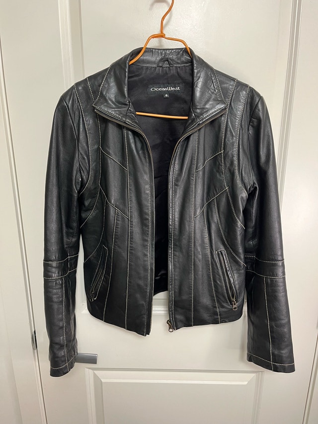 Ocean West Women's Black Leather Zip-Front Jacket - Size 6