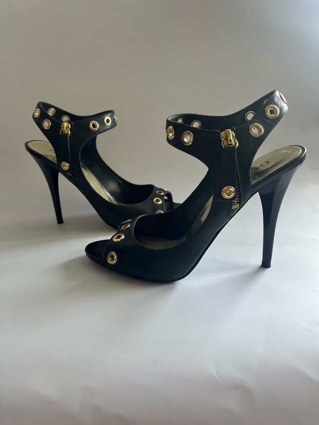 Guess Olympic Patent Black Open-Toe High Heels Size 7