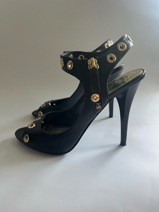 Guess Olympic Patent Black Open-Toe High Heels Size 7 - photo 2