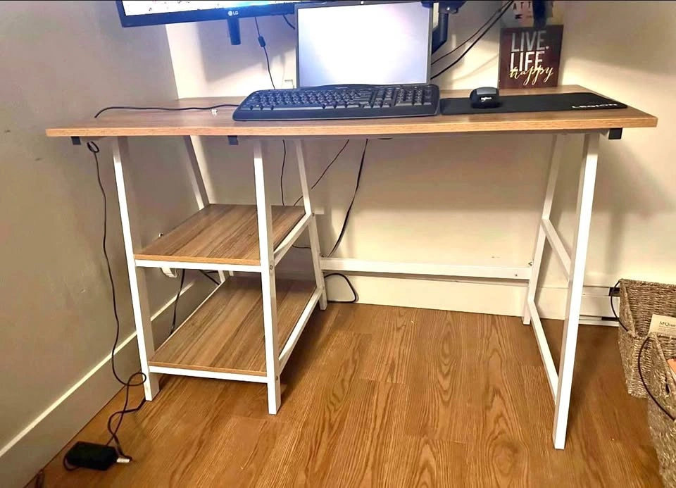 47" Oak & White Metal Computer Desk with Storage Shelves
