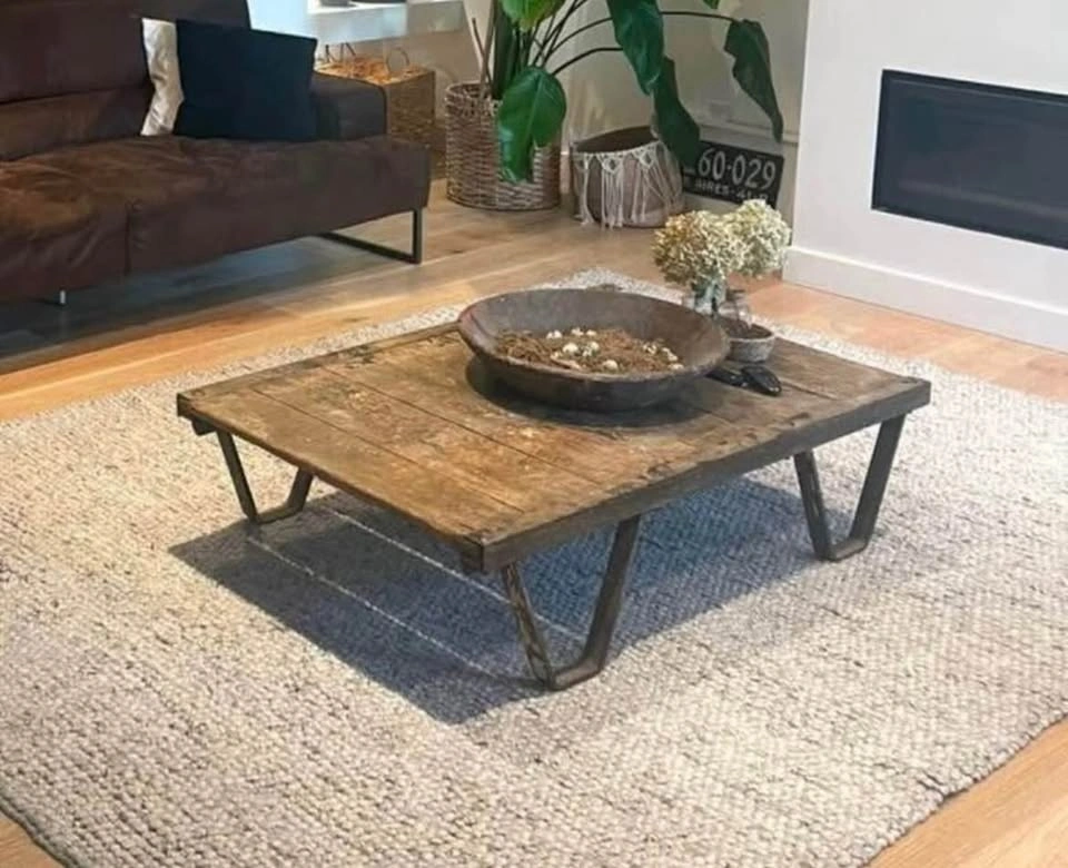Antique Factory Cart Coffee Table – Rustic Oak & Metal - photo 2