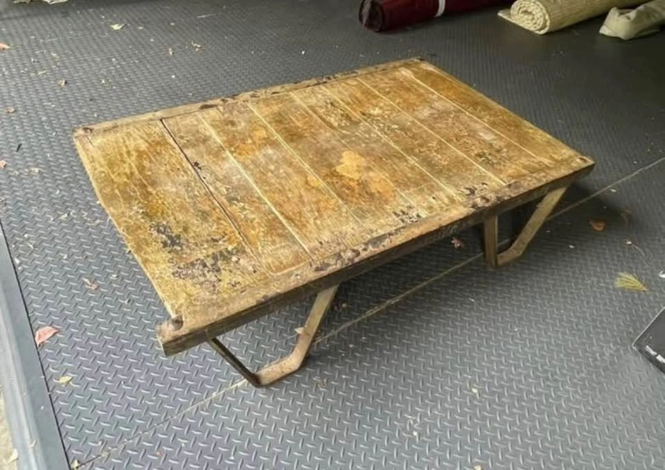 Antique Factory Cart Coffee Table – Rustic Oak & Metal - photo 3