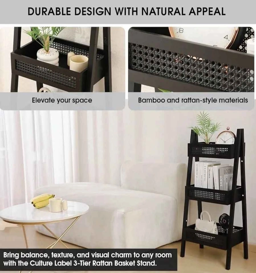 Rattan Basket Stand 38.5x31x97.5cm Bamboo Ladder Shelf - photo 3