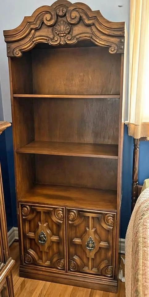 Vintage Carved Wood Bookcase w/ Cabinet