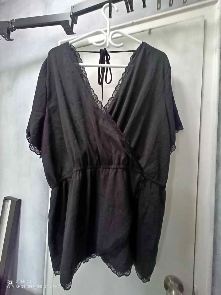 Black Silk-like Wrap Top with Lace Trim - New