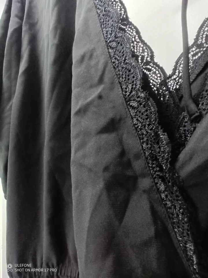 Black Silk-like Wrap Top with Lace Trim - New - photo 2