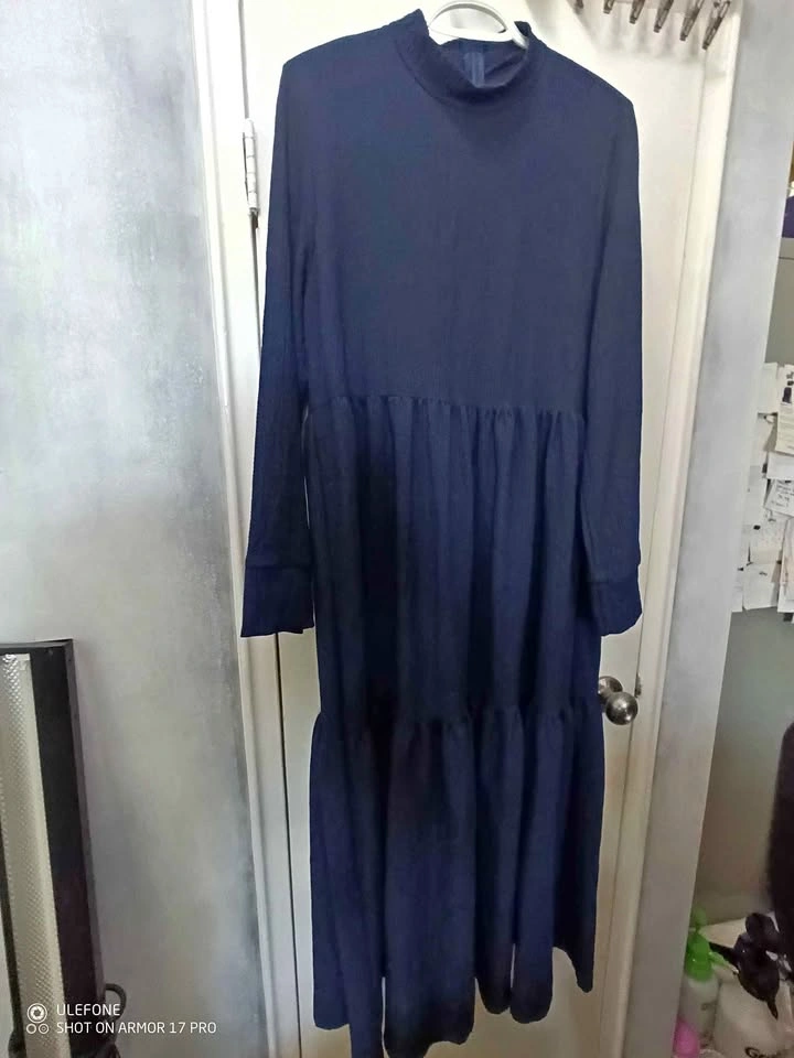 Navy Blue Long Sleeve Mock Neck Tiered Modest Dress Size L