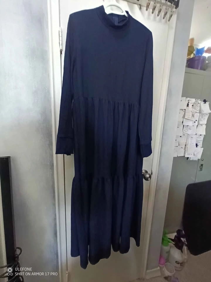 Navy Blue Long Sleeve Mock Neck Tiered Modest Dress Size L - photo 4