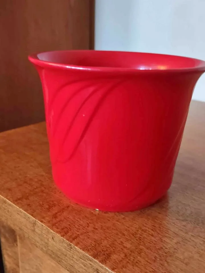 Cute red art deco German pottery plant pot thumbnail