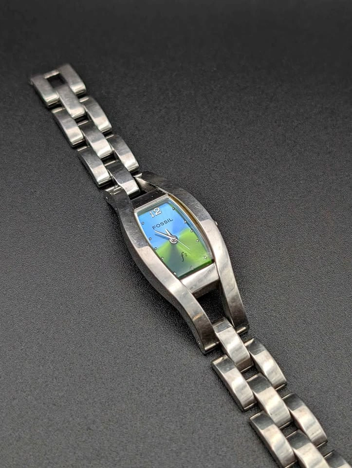 Fossil Womens Watch Silver Band Blue Green Face