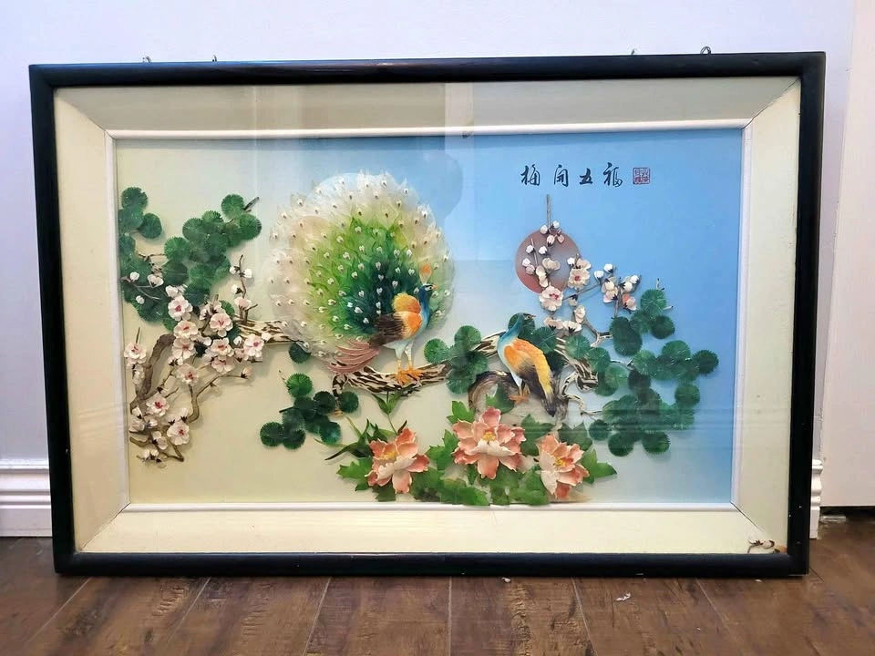Asian Jade Art Frame - Lucky Peacocks & Cherry Blossoms
