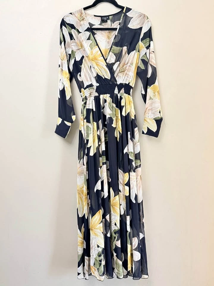 Alexa B Nites Floral Maxi Dress Chiffon Long Sleeve Semi Sheer s