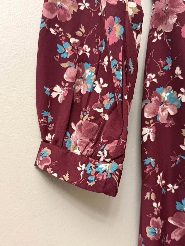 Girl.Is Floral Long Sleeve A-Line Dress Burgundy Pink Small - photo 3
