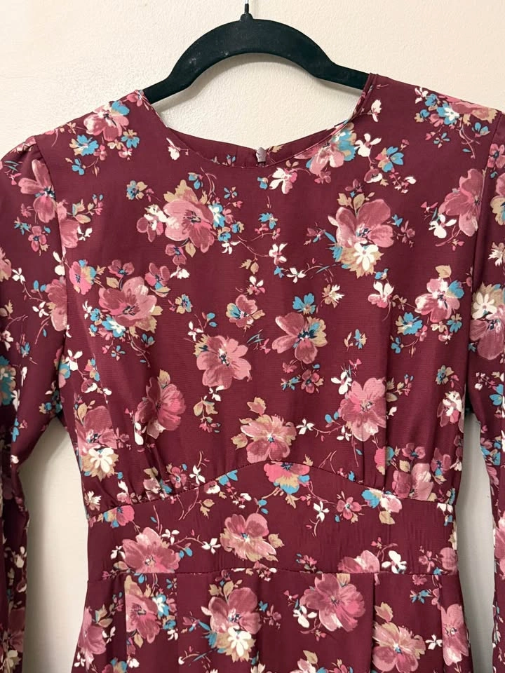 Girl.Is Floral Long Sleeve A-Line Dress Burgundy Pink Small - photo 4