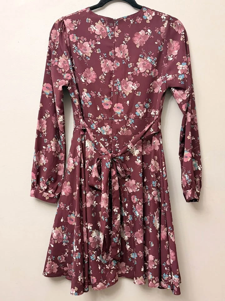 Girl.Is Floral Long Sleeve A-Line Dress Burgundy Pink Small - photo 5
