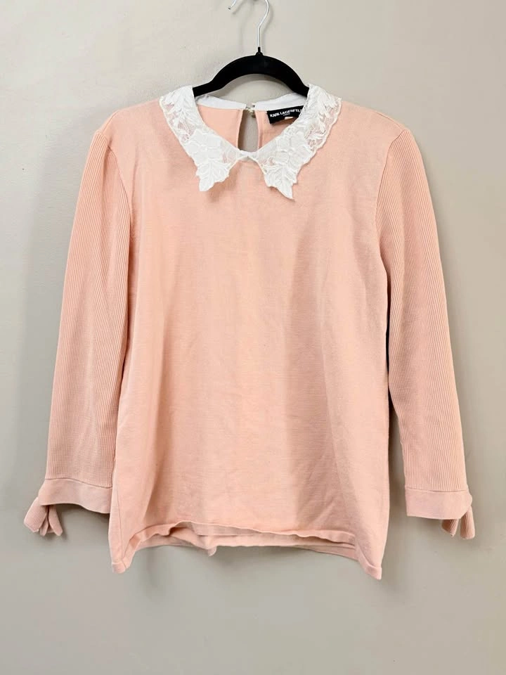 Karl Lagerfeld Pink Sweater Blouse Lace Collar