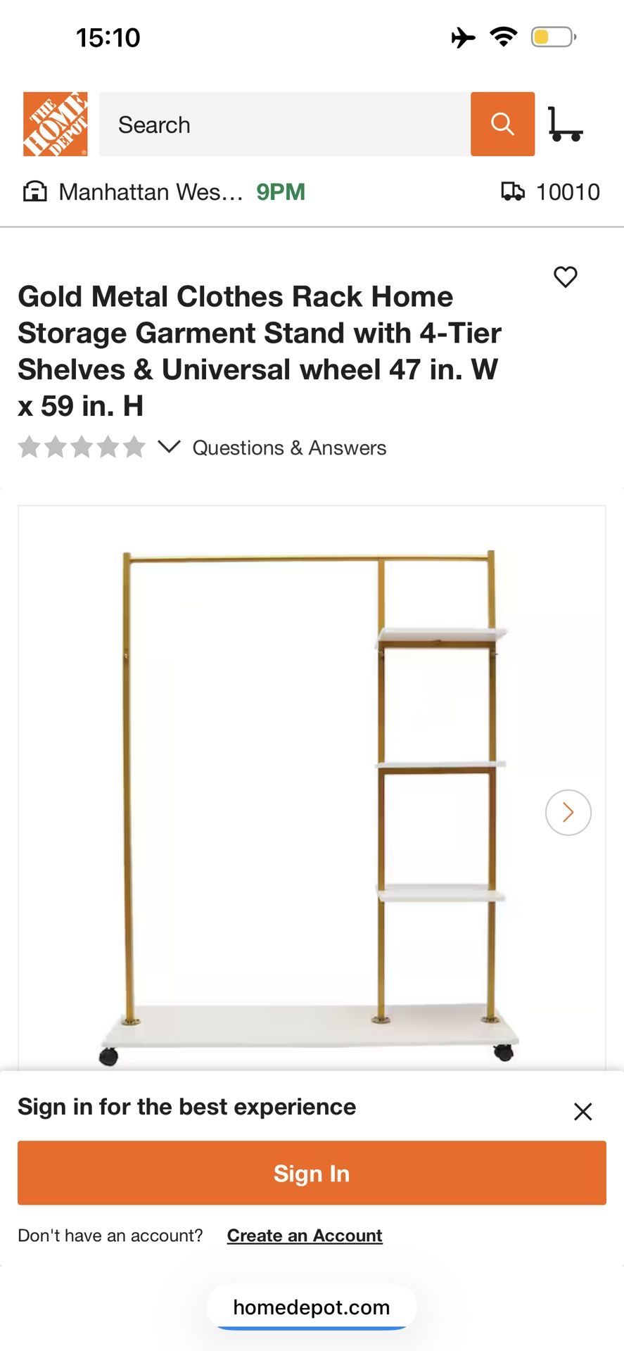Gold Metal Clothes Rack with Shelves & Wheels
