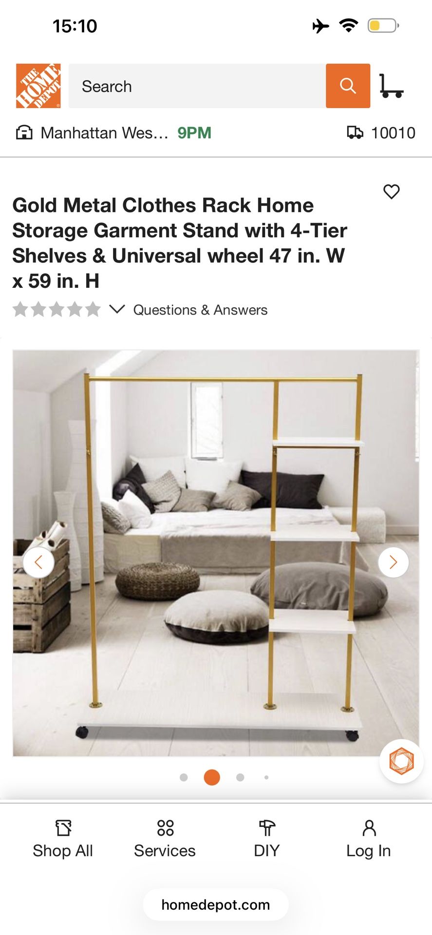 Gold Metal Clothes Rack with Shelves & Wheels - photo 2