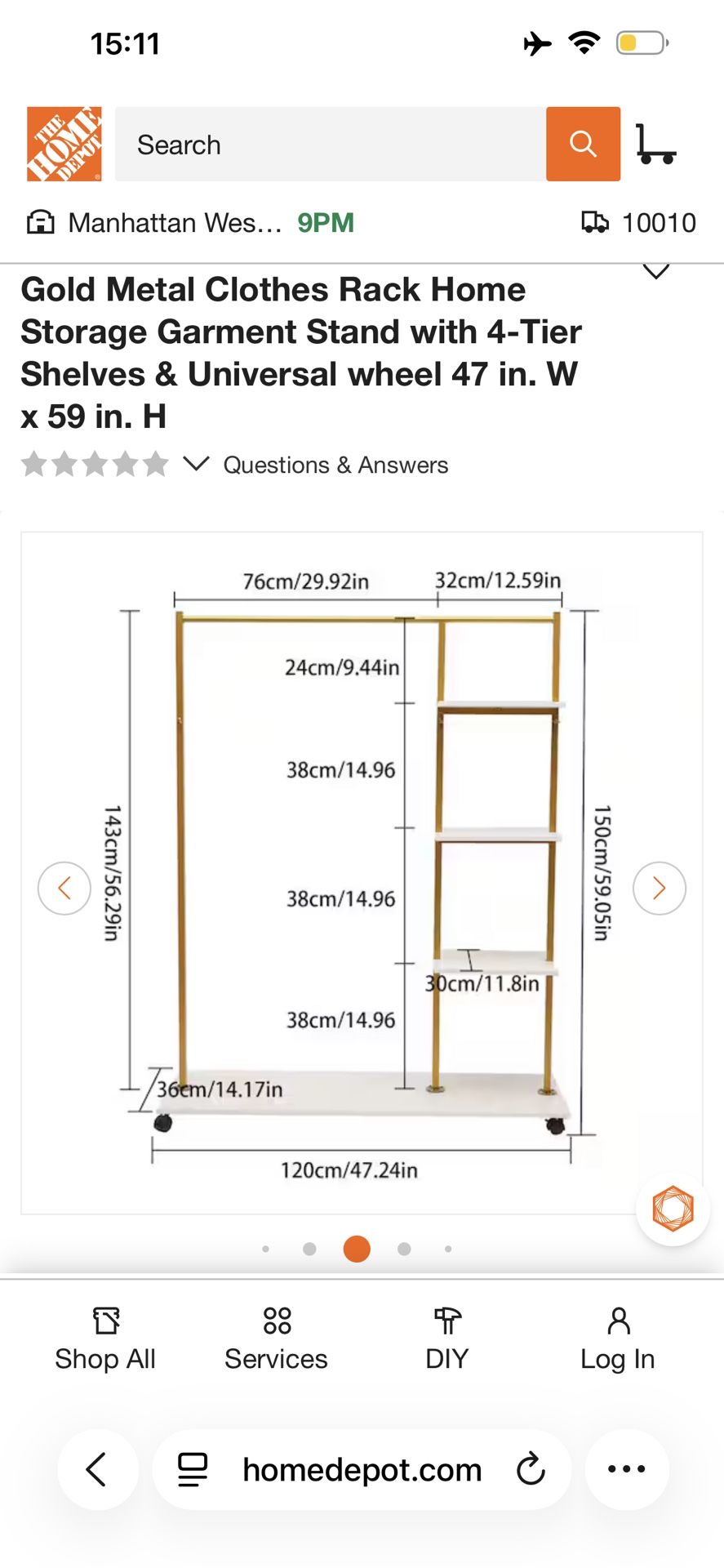 Gold Metal Clothes Rack with Shelves & Wheels - photo 3