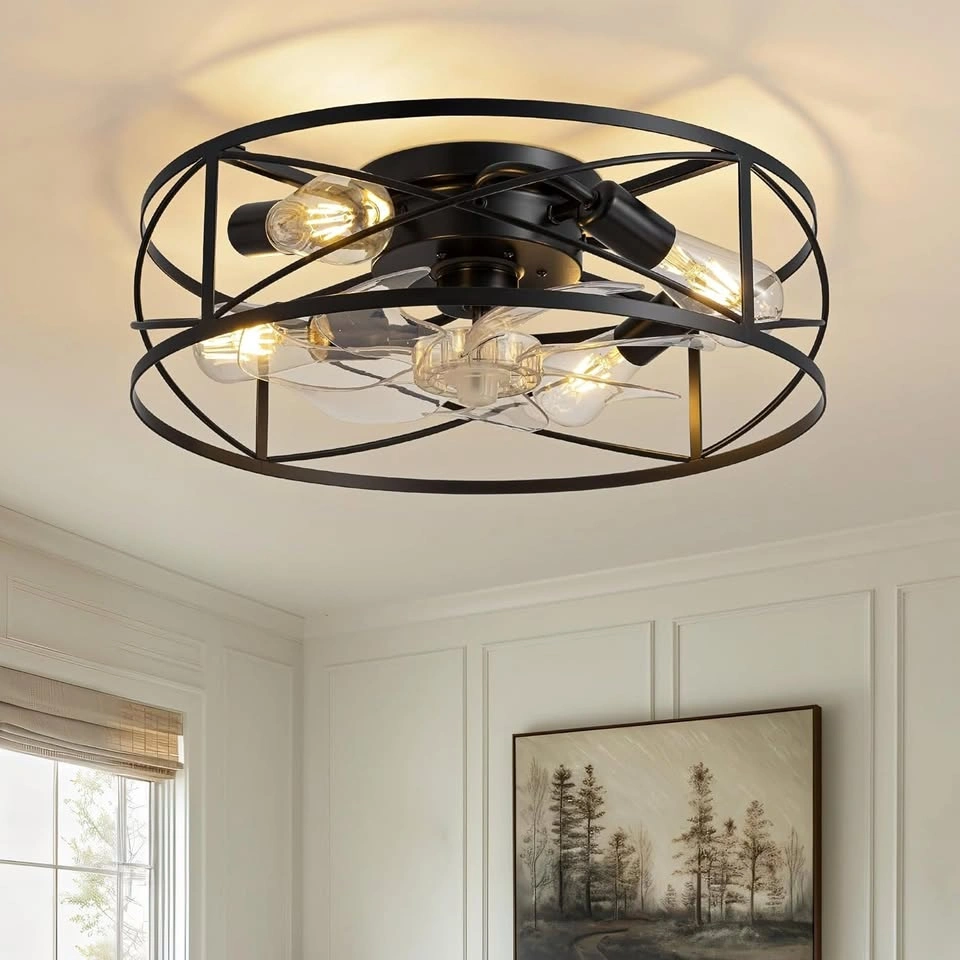 PUSU Caged Low Profile Ceiling Fan with Light | 19.7 inch Retro