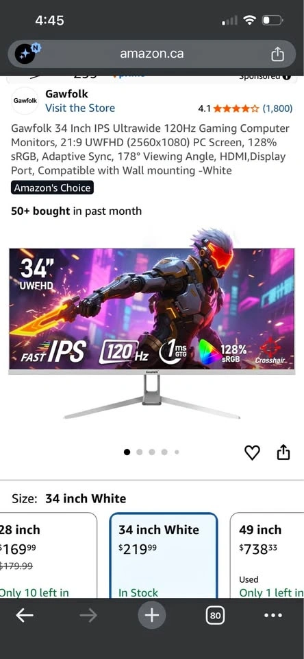NEW 34” Gawfolk Ultrawide Curved Monitor - 120Hz WFHD (White)