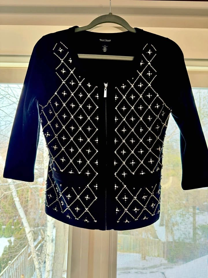 White House Black Market Black Beaded Zip Up Cardigan