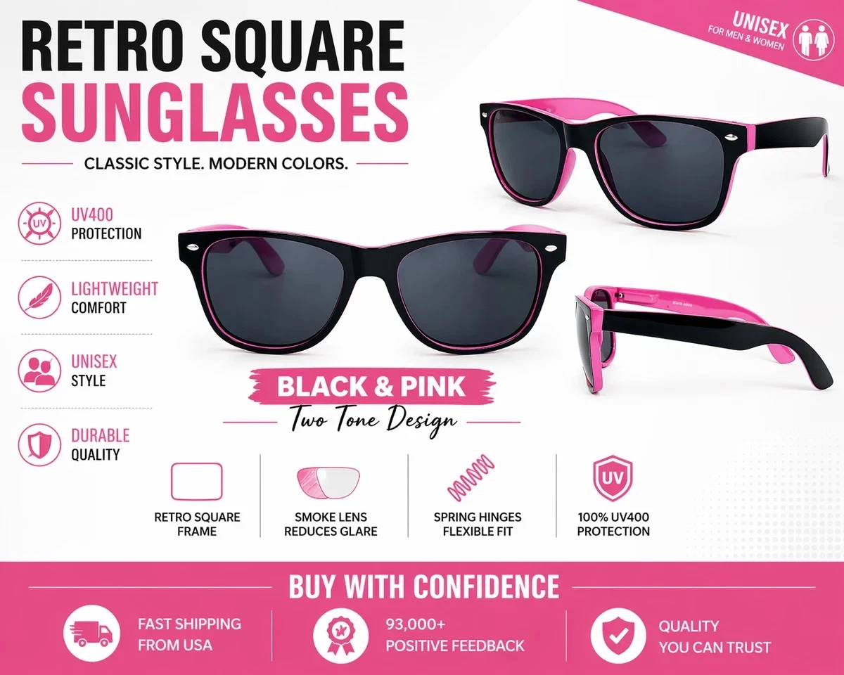Retro Square Sunglasses Black Pink Two Tone Smoke Lens UV400
