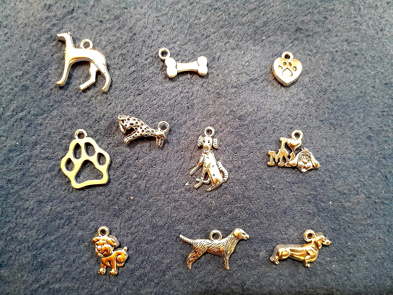 10 Dog Charms Puppy Pendants Assorted Lot Paw Print Antiqued Sil