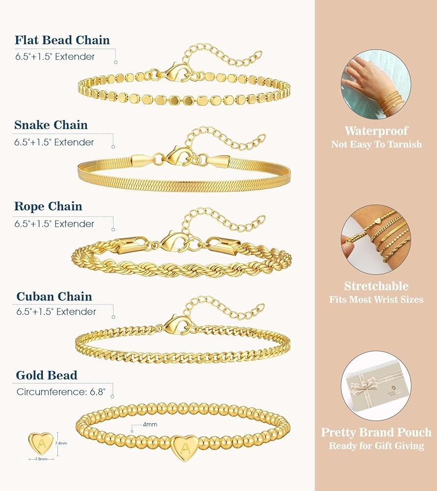 14K Gold Plated Bracelets Waterproof Stackable Heart Initial Cha