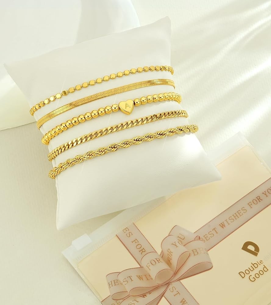 14K Gold Plated Bracelets Waterproof Stackable Heart Initial Cha - photo 2