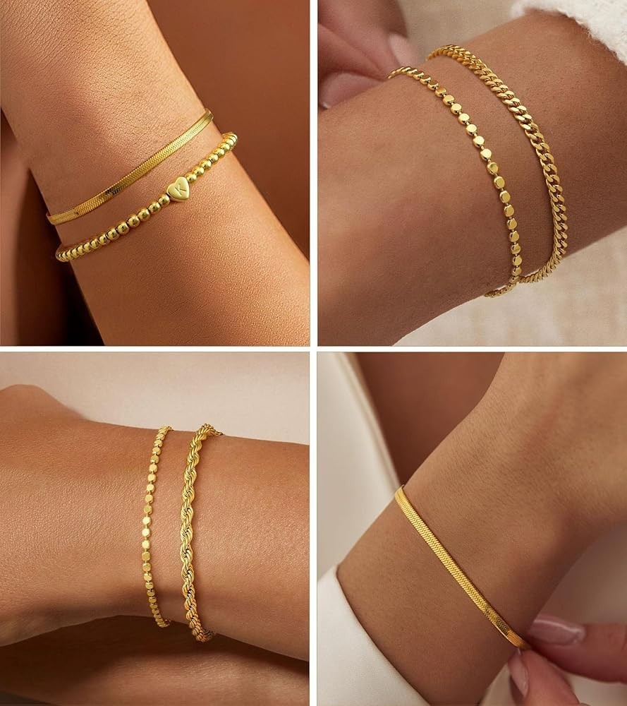 14K Gold Plated Bracelets Waterproof Stackable Heart Initial Cha - photo 3