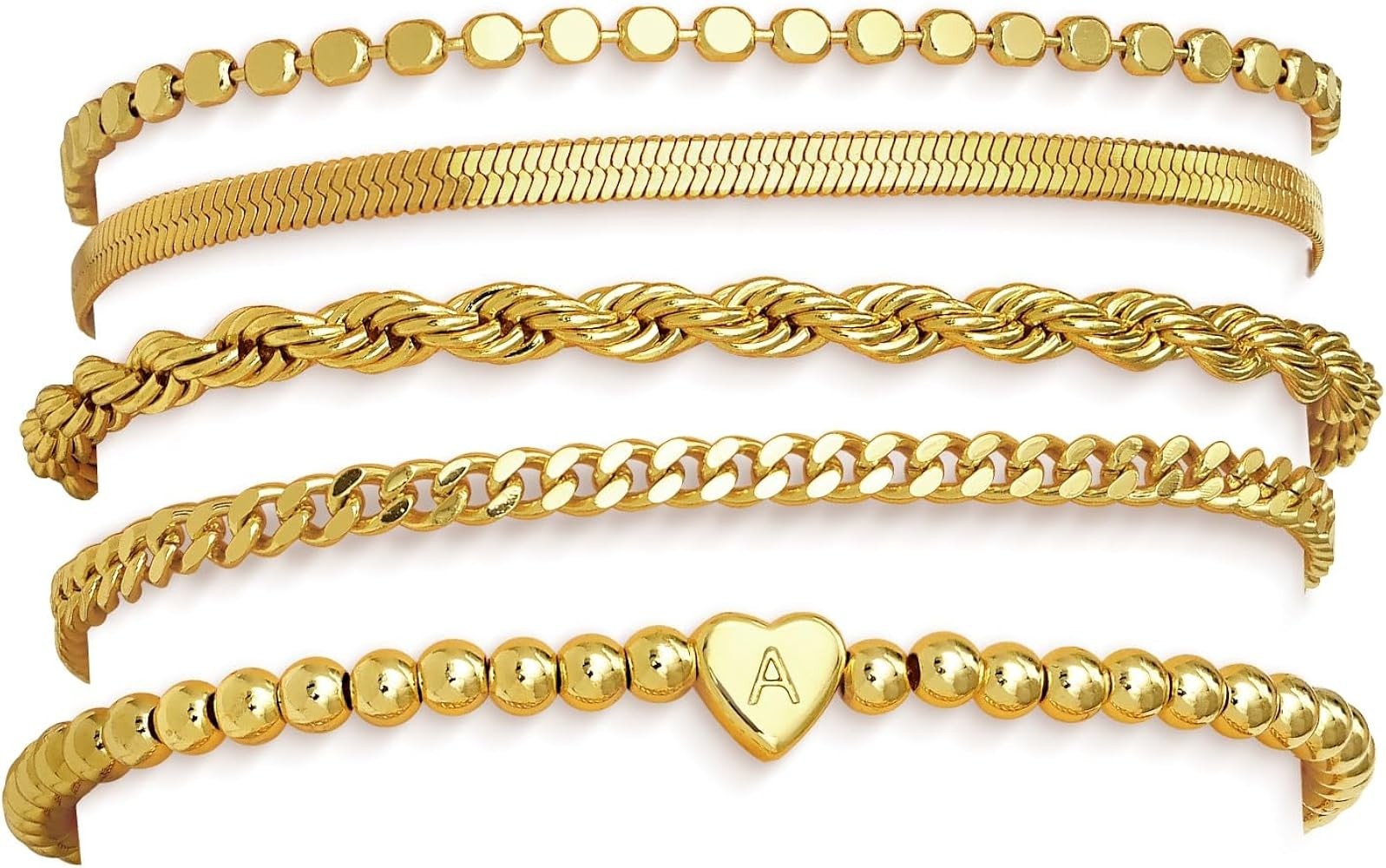 14K Gold Plated Bracelets Waterproof Stackable Heart Initial Cha - photo 4