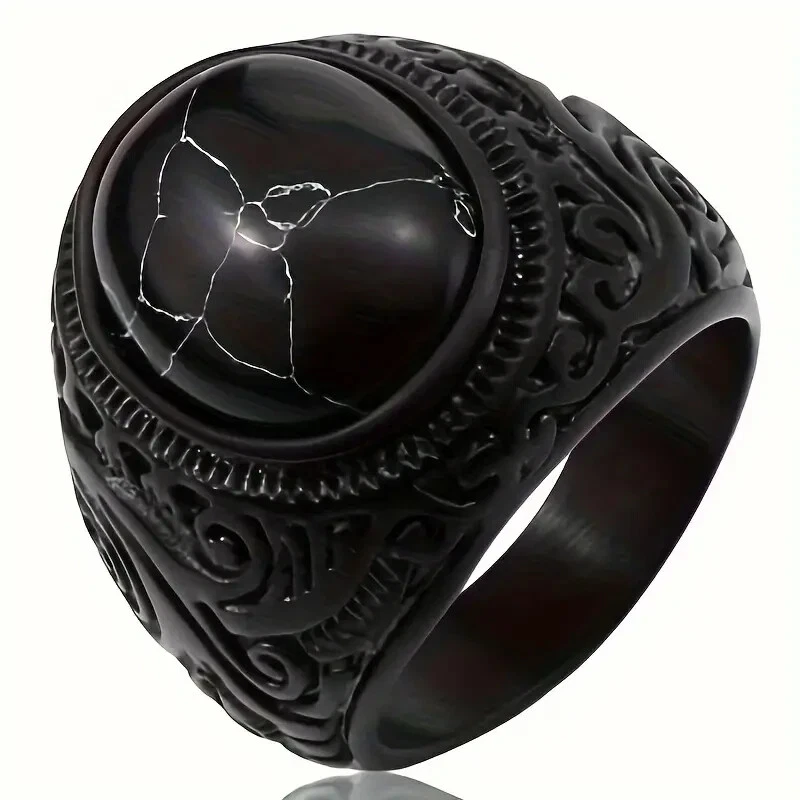 Vintage Retro Black Carved Ring - Men's Ethnic Style