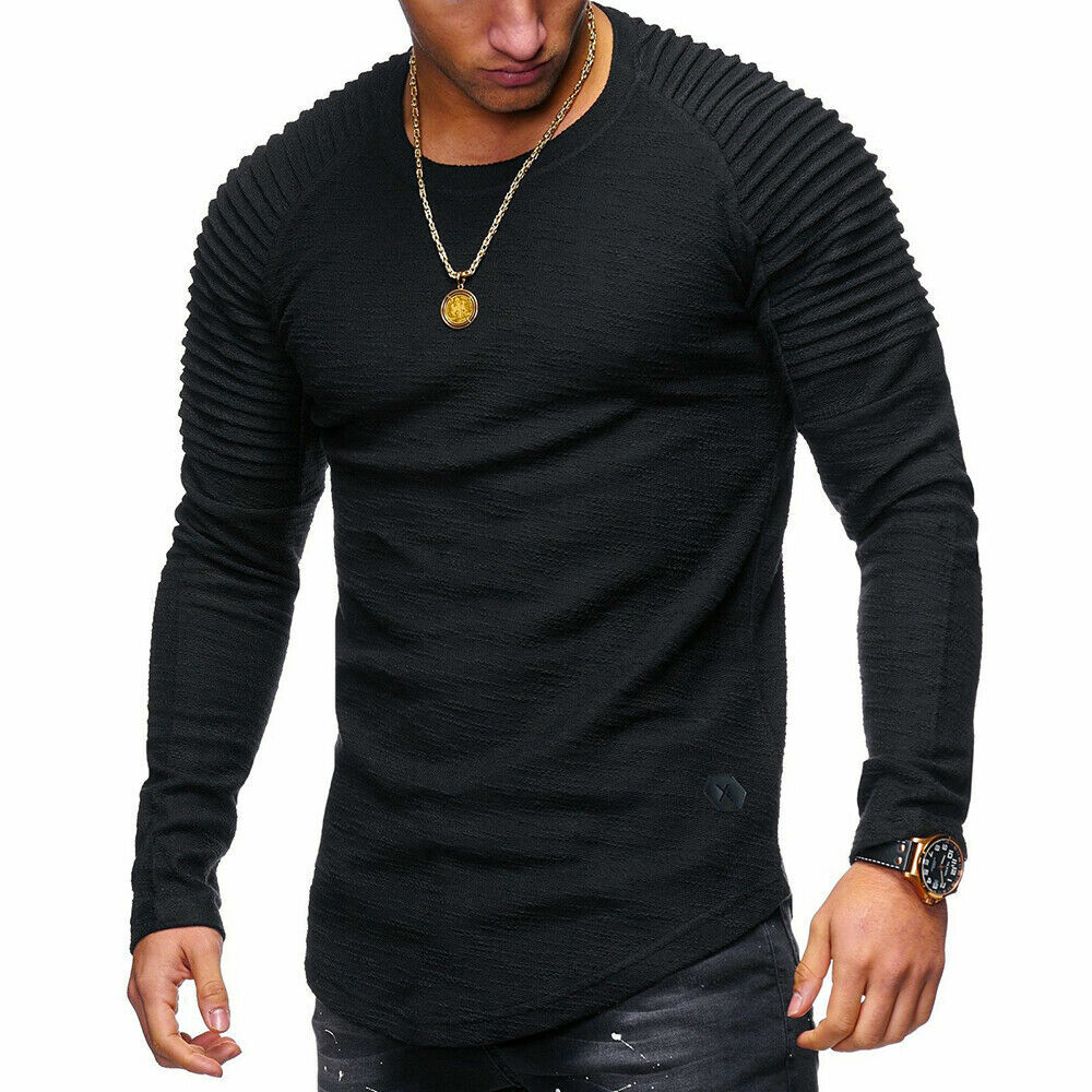Mens Athletic Workout T Shirt Long Sleeve Tee Top Black Muscle G