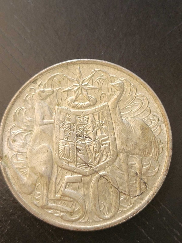 1966 Australian 50 Cent Lamination Peel Error Coin